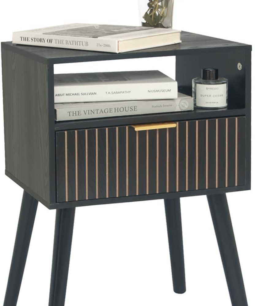 Black Nightstand with Drawer and Open Shelf